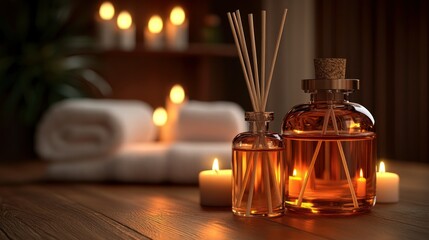 Aromatic spa ambiance with candles and diffusers