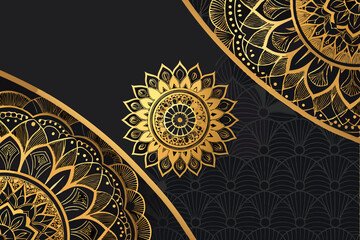 Design a bold, luxurious promotional background featuring deep black and gold accents.  Include elegant geometric patterns.