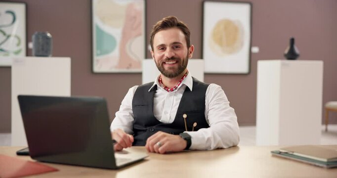 Art gallery, curator and face of man at laptop with confidence, culture and creative business management. Exhibition critic, writer or agent at presentation, auction or painting showroom with smile