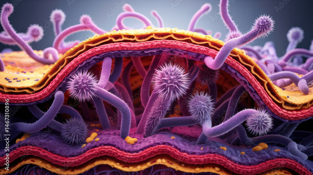 Aufkleber fungus growing on skin and scalp with detailed microscopic view of fungal structures causing infecti