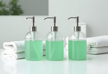 Green liquid soap bottles with white towels