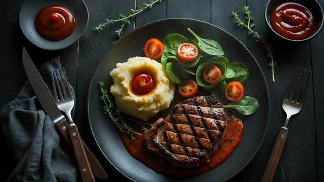 Succulent grilled pork steak soaked in spicy marinade, served with mashed potatoes and a salad, presented on a plate with cutlery and thyme in a flat lay arrangement.