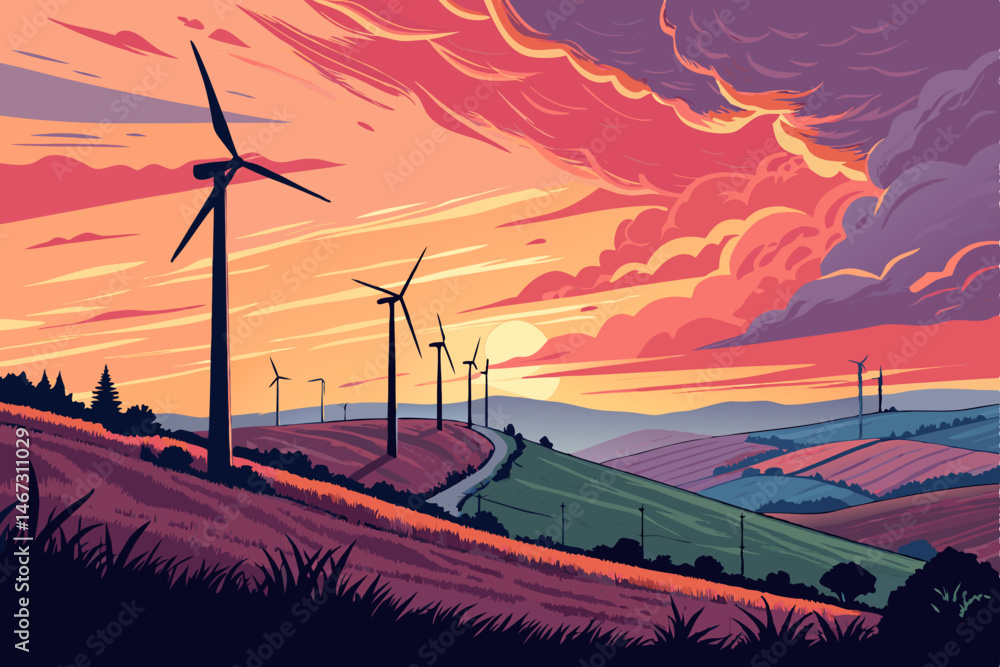 Poster create a bold, stylized vector illustration of a wind farm at sunset, emphasizing dynamic lines and 