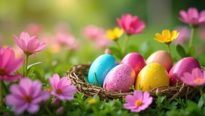 Colorful Easter eggs nestled amongst blooming spring flowers, a vibrant springtime scene , easter basket, Easter