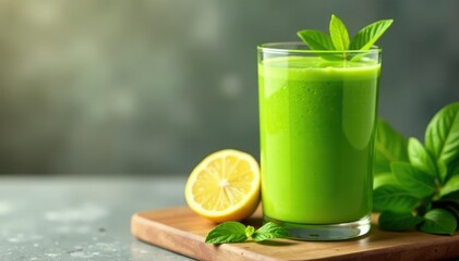 Fototapeta premium Freshly blended smoothie in a glass, vibrant green color, healthy ingredients , morning, vegetable
