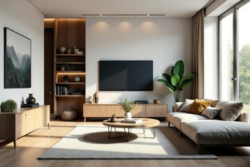 Stylish living room with modern furniture and decor, natural light , interior design, windows, plant
