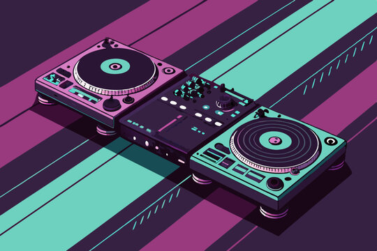 Create a bold vector illustration of a DJ setup with turntables and mixing console, emphasizing dynamic lines and vibrant colors for a modern, energetic feel.