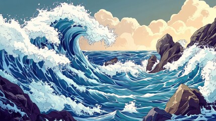 Hand-drawn Ukiyoe Waves Crashing on Rocky Cliffs