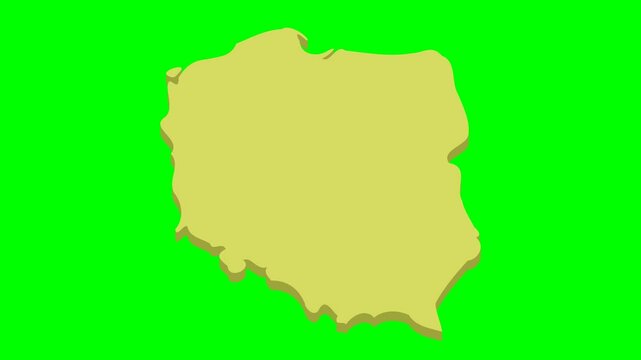 Animation of appearance and disappearance of the yellow map of Poland on a green background with alpha channel (flat design)