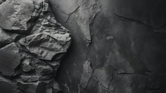 Monochrome stone texture. Rock surface. Close-up perspective. Similar to a rough wall. Deep gray worn background with design area. Template. Backdrop. Wide banner. Expansive view.