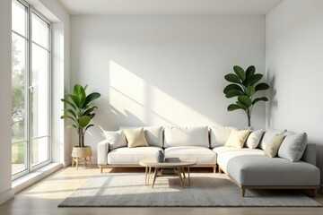 Bright, airy minimalist living room with simple furniture and natural light Scandinavian style, clean lines , organized, light