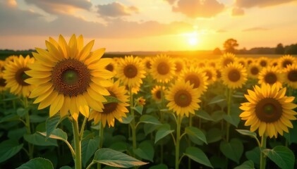 Fototapeta premium Field of sunflowers basking in golden sunlight, harvest, outdoor, field
