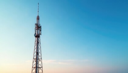 Obraz premium Tall antenna tower against a clear blue sky, communication technology infrastructure , mast, broadcast, landscape