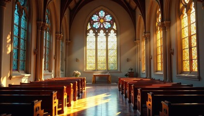 Fototapeta premium Tranquil church interior, sunlight streaming through stained glass windows , romanesque, quiet