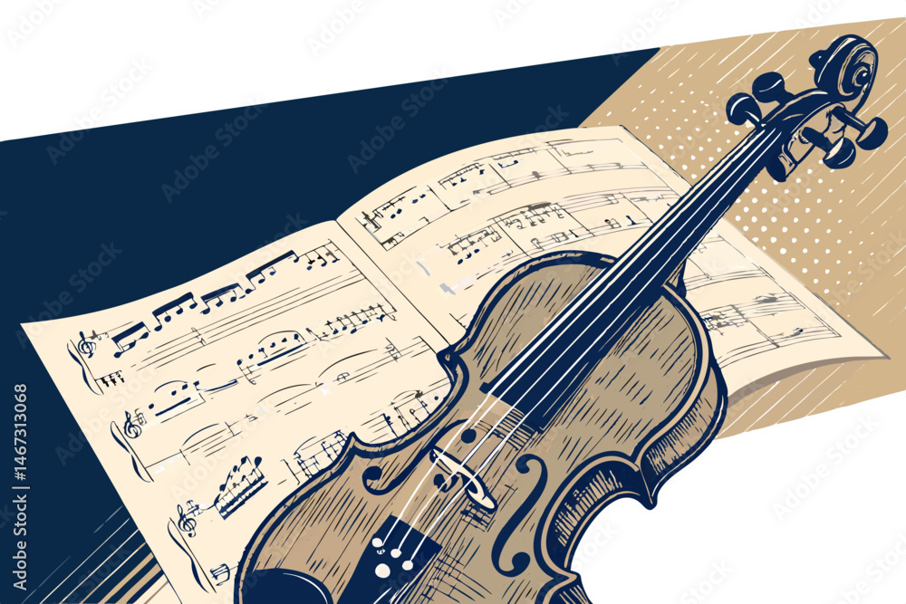 Poster create a vibrant vector illustration of a cello and classical music sheet music, emphasizing eleganc