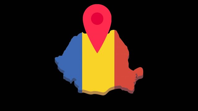 Looped animation of a red location marker bouncing on the 3D map of Romania in the colors of the Romanian flag on green screen with alpha channel (flat design)