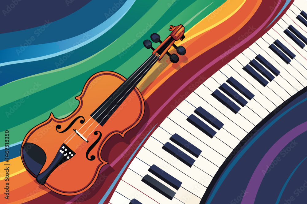Poster create a vibrant vector background featuring a bold, stylized violin and a prominent 'p' initial, in