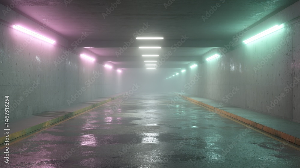 Poster a sleek corridor features stunning green and purple neon lights, creating a futuristic ambiance. the