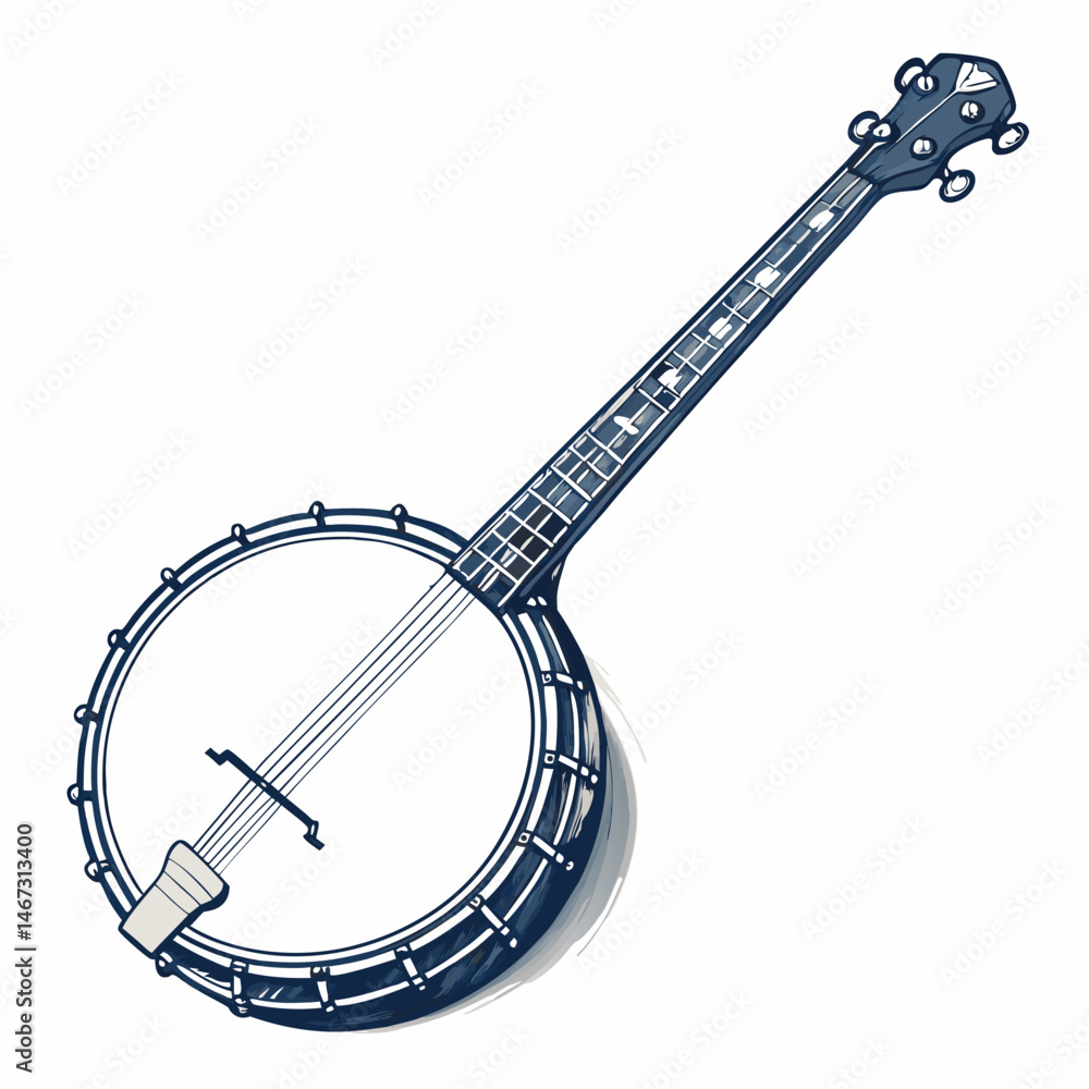 Poster create a bold, vector illustration of a banjo with five strings, emphasizing strong black outlines a