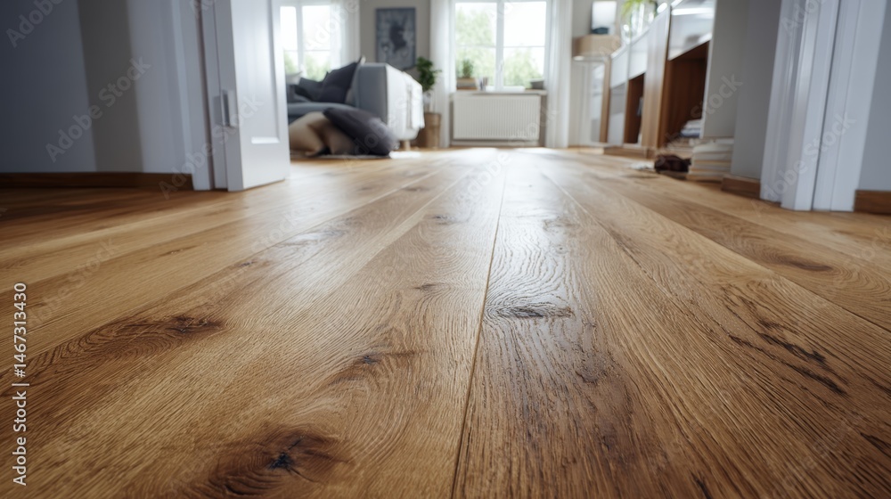 Poster a modern minimalist room showcases a sleek oak floor, highlighted by recessed lighting that enhances