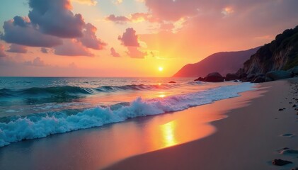 Serene beach scene at sunset, calm ocean waves gently lapping the shore , peaceful, calm, picturesque