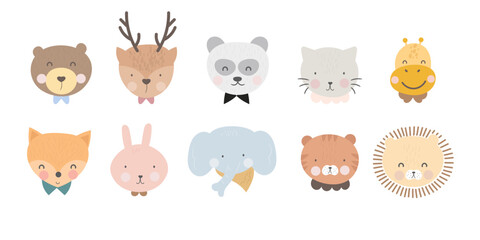 Cute wild woodland baby animal faces in pastel color vector illustration. Baby shower and nursery art animal set including a bear, tiger, lion, rabbit, giraffe, fox, deer, cat, elephant and panda