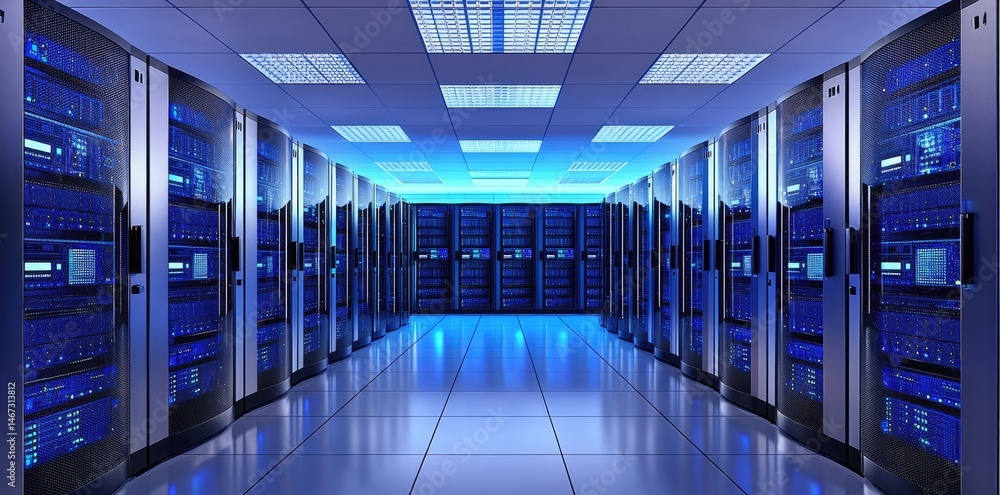 Aufkleber symmetrical view of a brightly lit data center corridor with aligned server racks and glowing blue p