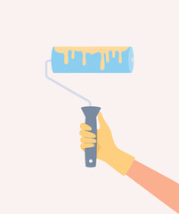 Human hand in yellow rubber glove holding blue roller brush with yellow paint on it. Flat vector illustration