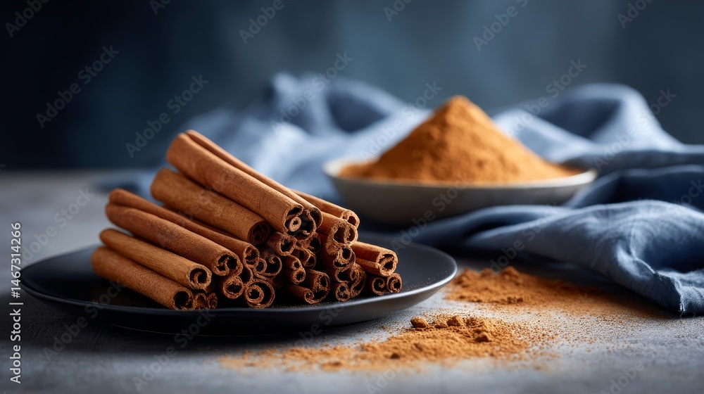 Poster Cinnamon sticks are stacked neatly on a dark plate with a dusting of powdered spice. This composition offers a warm and inviting feel perfect for culinary projects