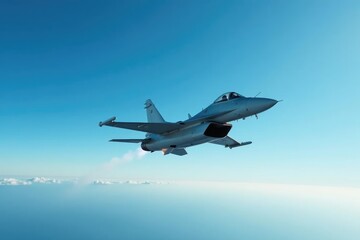 Obraz premium Modern fighter jet soaring through a clear blue sky, demonstrating power and agility , radar, dynamic, missiles