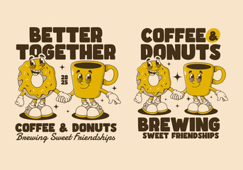 Coffee and Donut Characters with Friendship Quote Illustration