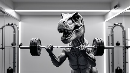 Dinosaur lifts weights in a modern gym setting showcasing fitness and strength training