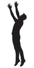 Silhouette of man jumping with hands up reaching for something in the air action pose isolated