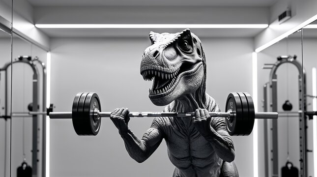 Dinosaur lifts weights in a modern gym setting showcasing fitness and strength training
