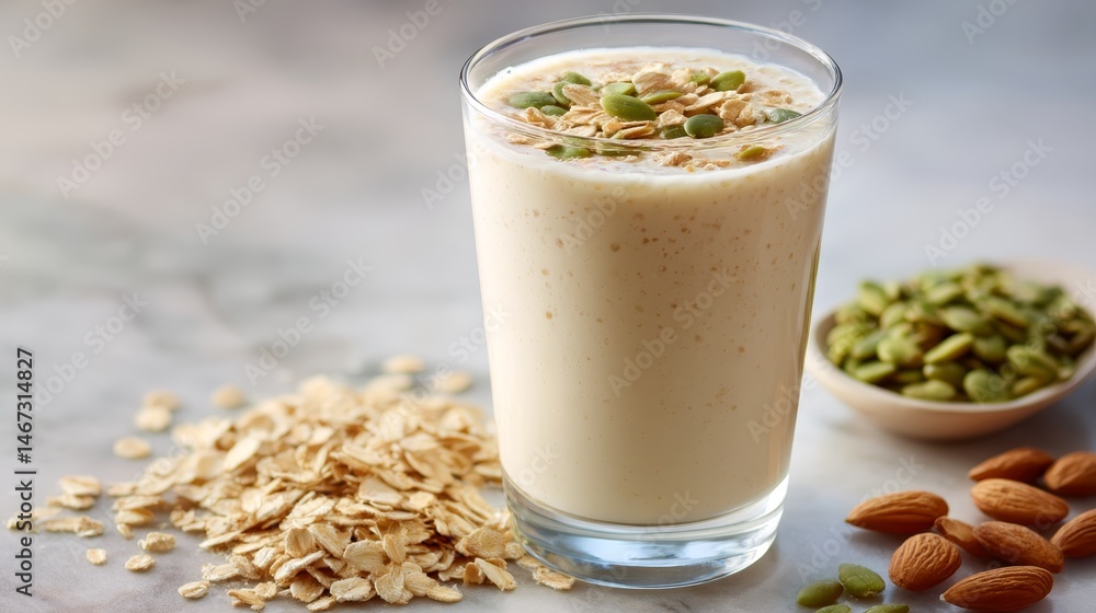 Poster Frosted glass showcases a creamy oat-based smoothie topped with oats and seeds, elegantly placed on a marble surface with ample copy space for text