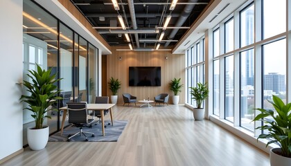 Elegant modern office space featuring a large window and sleek design aesthetic elements