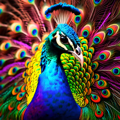 Fototapeta premium A vibrantly colored peacock displays its iridescent plumage in a close up view