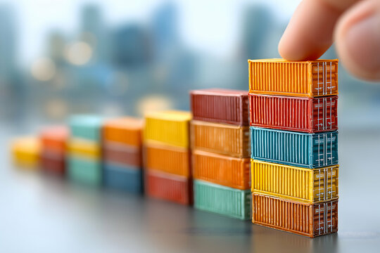 Growth and logistics represented by stacked miniature shipping containers