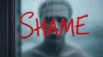 Capturing emotion behind a foggy glass showing the word shame in red during a rainy day