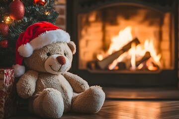 Cozy christmas scene with a teddy bear wearing a santa hat near a fireplace