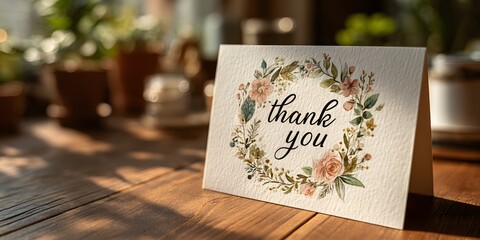 Card says "thank you," delicate watercolor floral wreath, calligraphy, on wood desk. Soft natural light, beautiful bokeh background. Warm, inviting, photorealistic.

