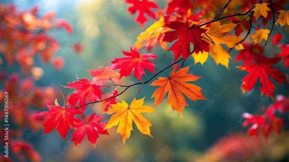 Poster brilliant red and yellow maple foliage presented in a soft-focus setting with a hazy natural environ