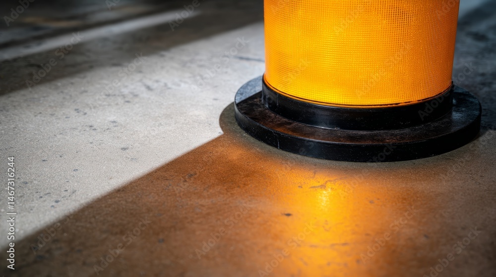 Poster Close-up view of a radiant orange beacon with a black base, creating a striking shadow on a neutral gray surface; ideal for design applications