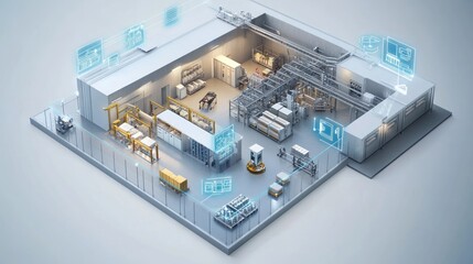 Smart factory isometric view showcasing automation, robotics, and digital monitoring.
