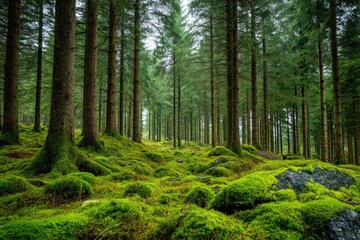 A Serene Green Forest of Tall Trees and Mossy Ground Covering the Earth.