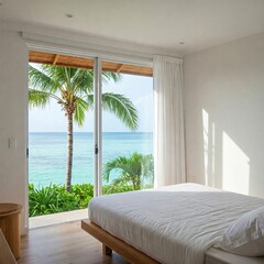 Tranquil Bedroom with Ocean View, Featuring a Minimalist Bed, Lush Tropical Scenery, and Bright Natural Light