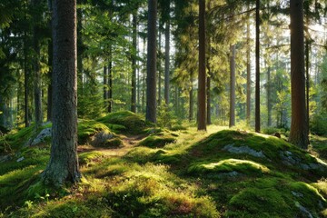 Obraz premium Serene Sunlight Filtering Through a Lush Green Forest Canopy, a Tranquil Landscape Scene