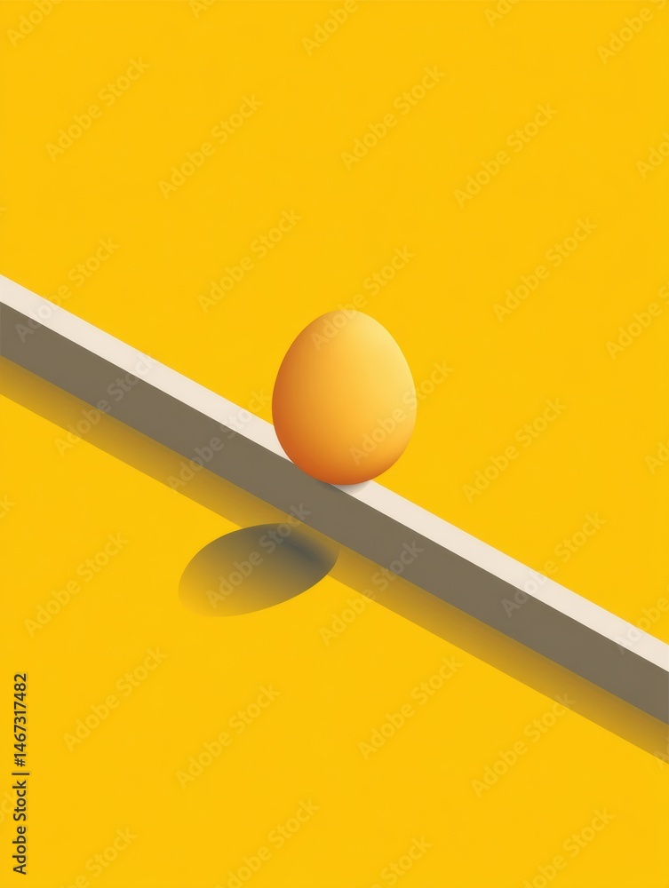 Poster creative design featuring isometric egg shape balanced above a long flat line in a vibrant yellow ba