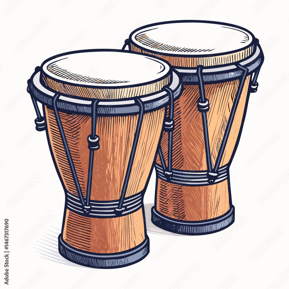 Poster create a bold vector illustration of a pair of connected bongos, showcasing thick, defined strokes. 