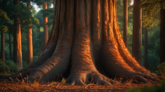 Giant tree bark. Tree displaying warm orange shades.
